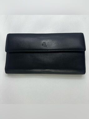 Lauren Ralph Lauren Black Leather Checkbook Wallet Logo Photo ID Credit Card
